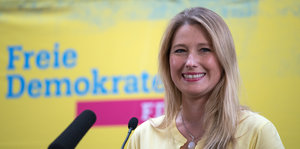 Die Spitzenkandidatin der Bremer FDP, Lencke Steiner, lächelt bei einer Pressekonferenz im Jahr 2015.