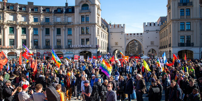 Demonstranten mit vielen bunten Fahnen auf einem Platz