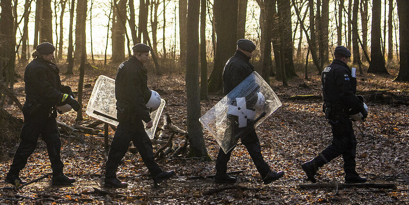 Polizisten gehen durch den Hambacher Forst