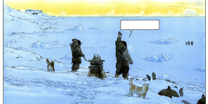 Eine Comiczeichnung von zwei Menschen mit zwei Hunden, die im Schnee stehen und anderen menschen zuwinken