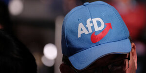 Eine hellblaue Mütze mit dem Logo der AfD