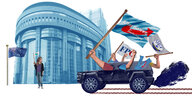 Eine Illustration zeigt ein Auto über dem AfD- und FPÖ-Flaggen wehen