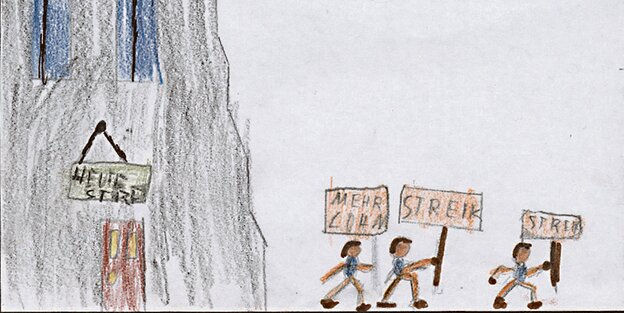 Ein von einem Kind gemaltes Bild. Lehrer streiken mit Plakaten vor ihrer Schule