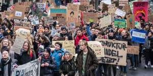 Hunderte Schülerinnen und Schüler protestieren mit Plakaten und Bannern gegen den Klimawandel