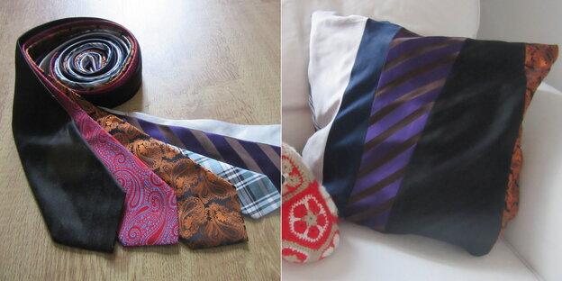Ein zweigeteiltes Foto, links sieht man mehrere Krawatten, rechts ein Kissen aus dem gleichen Stoff