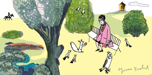 Zeichnung einer älteren Dame, die auf einer Parkbank im Münchner Englischen Garten Vögel füttert
