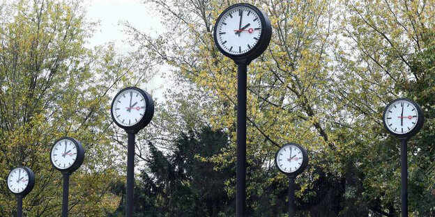 auf langen Standen stehen sechs Uhren in einem Park