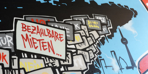 Ein Graffiti für bezahlbare Mieten am Kottbusser Tor in Berlin-Kreuzberg (Foto vom 07.06.2013).