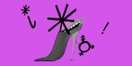Illustration: Ein High-Heel ist mit einem Mund verbunden, daneben und darüber sind Symbole wie das Sternchen und das Transgender-Symbol zu sehen
