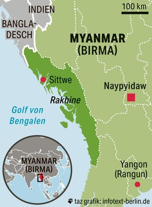 Eine Karte zeigt den Westen Myanmars