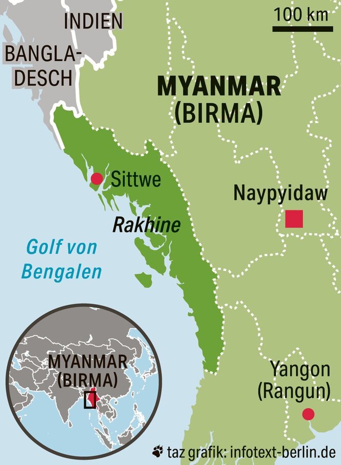 Eine Karte zeigt den Westen Myanmars