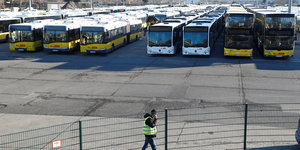 Viele Busse neben und hintereinander auf einem umzäunten Parkplatz