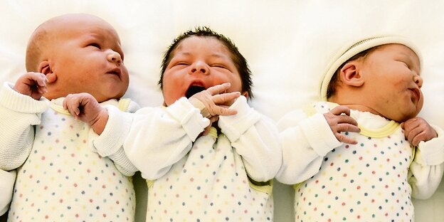 Drei Babys liegen nebeneinander.
