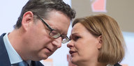 Die Köpfe von Thorsten Schäfer-Gümbel und Nancy Faeser, während sie gerade miteinandersprechen