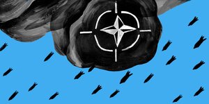 Illustration einer Wolke mit Nato-Zeichen, aus der Bomben fallen