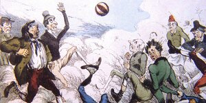 Eine Karikatur des 19. Jahrhunderts zeigt ein Fußballspiel als wildes Durcheinander