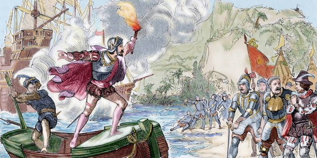 Auf einem Kupferstich ist derspanische Militär Juan de Escalante auf einem Boot mit einer Fackel in der Hand abgebildet