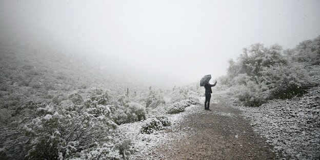 Ein Mann steht mit einem Regenschirm in einer verschneiten Landschaft