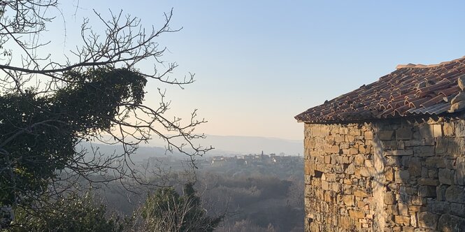 Ein Tal, fotografiert von einer Anhöhe aus der Ferne.