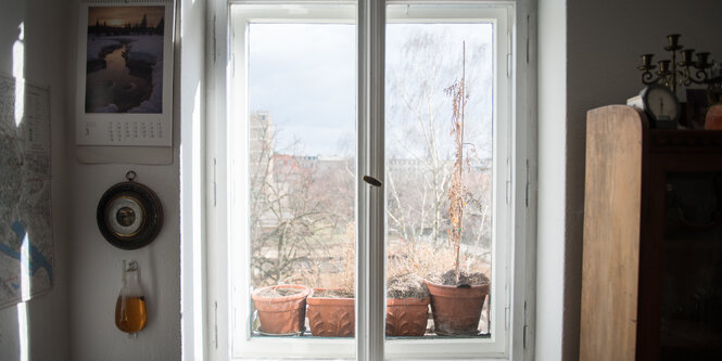 Ein Fenster vor dem Blumenkästen stehen, in denen jetzt, im zeitigen Frühjahr, noch nichts blüht