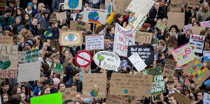 Berlin: Jugendliche Teilnehmer der Klima-Kundgebung "Fridays for Future" stehen mit Plakaten am Invalidenpark und fordern eine bessere Klimapolitk.