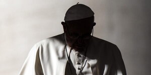 Papst Franziskus steht halb im Schatten