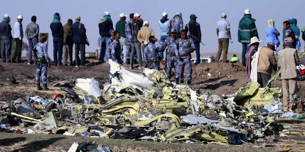 Mehrere Männer stehen vor Teilen eines abgestürzten Flugzeugs