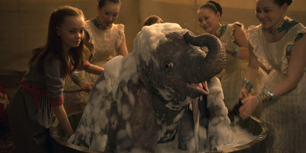 Ein kleiner Elefant im Bottich voller Seifenschaum, lachende Mädchen drumherum