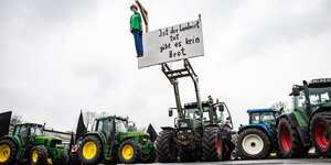 Eine Puppe hängt an einem Traktor und baumelt an einem Galgen mit dem Schild: "Ist der Landwirt tot gibt es kein Brot".