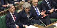 Theresa May steht am Rednerpult mit erhobenener Hand, hinter ihr sitzen Abgeordnete