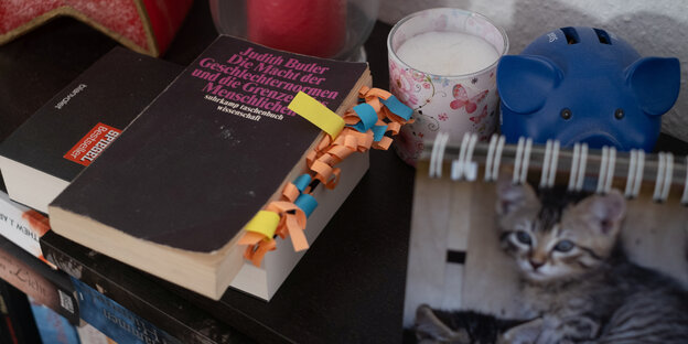 Das Buch von Judith Butler"Die Macht der Geschlechternormen und die Grenzen des Menschlichen" liegt auf einem Regal. Stellen im Buch wurden mit vielen farbigen Zetteln markiert Das Buch von Judith Butler"Die Macht der Geschlechternormen und die Grenzen des Menschlichen" liegt auf einem Regal. Stellen im Buch wurden mit vielen farbigen Zetteln markiert