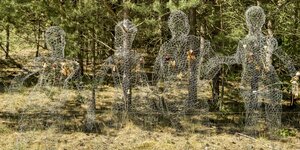 Figuren aus Maschendraht in einem Wald