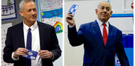 Kombinationsbild: Gantz und Netanjahu mit Stimmzettel in der Hand