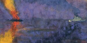 Ausschnitt eines Bildes von Emil Nolde. Um 1943 malte der Expressionist ein Kriegsschiff und einen brennenden Dampfer in leuchtenden Farben.