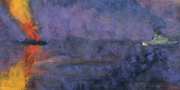 Ausschnitt eines Bildes von Emil Nolde. Um 1943 malte der Expressionist ein Kriegsschiff und einen brennenden Dampfer in leuchtenden Farben.
