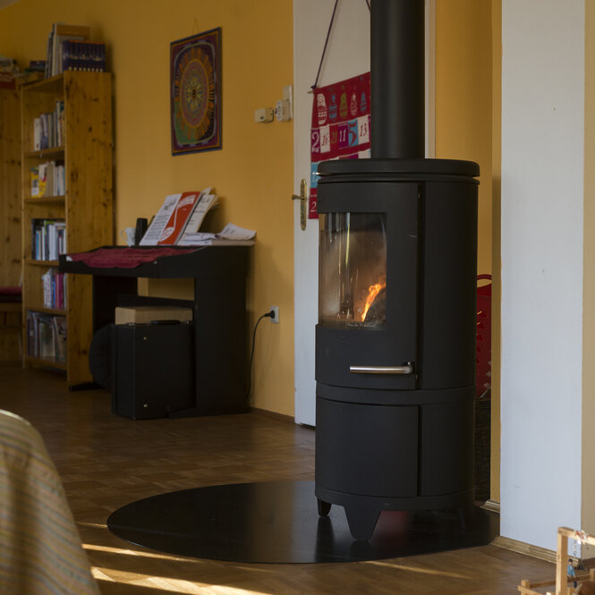 Ein Kamin steht an der rechten Wand des Zimmers, im Hintergrund stehen Bücherregale.