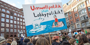 Demo, in der MItte ein Transparent: Umweltpolitik statt Lobbypolitik