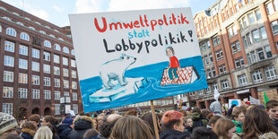 Demo, in der MItte ein Transparent: Umweltpolitik statt Lobbypolitik