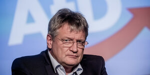 Porträt Jörg Meuthen vor AfD-Logo