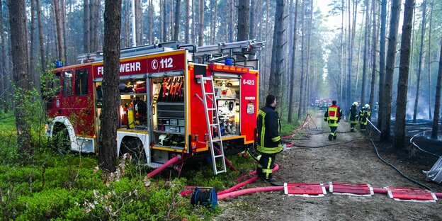In einem Wald bei Nassenheide in Brandenburg löscht die Feuerwehr einen Brand