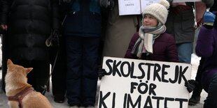 Greta Thunberg sitzt hinter einem Plakat