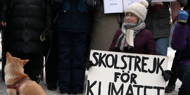 Greta Thunberg sitzt hinter einem Plakat