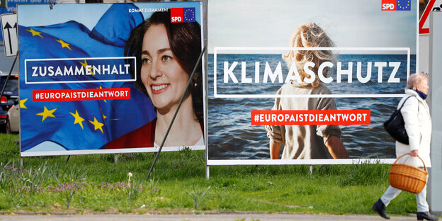 Wahlplakate für die Europawahl zeigen die SPD-Spitzenkandidatin Katarina Barley