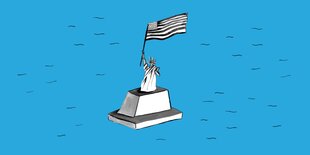 Eine Illustration der Freiheitsstatue, die eine amerikanische Flagge hochhält.