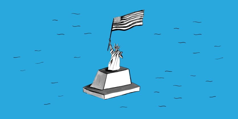 Eine Illustration der Freiheitsstatue, die eine amerikanische Flagge hochhält.