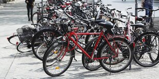 Radfahrer auf einer Brücke über den Rhein, der Rheinkniebrücke, bei Düsseldorf