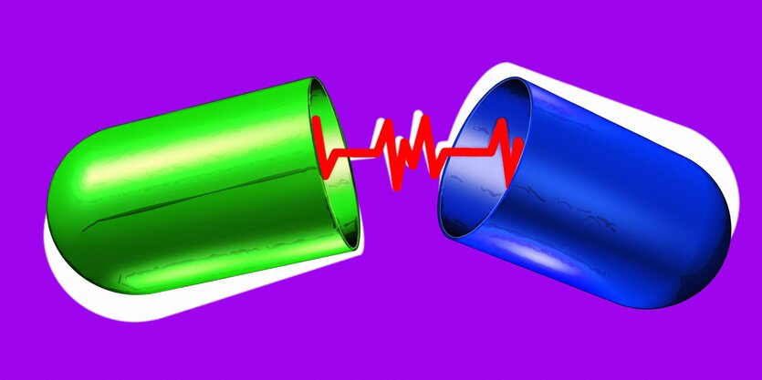 Aus einer geöffneten Pillenkapsel kommt ein Sinusrhythmus eines Herzschlags