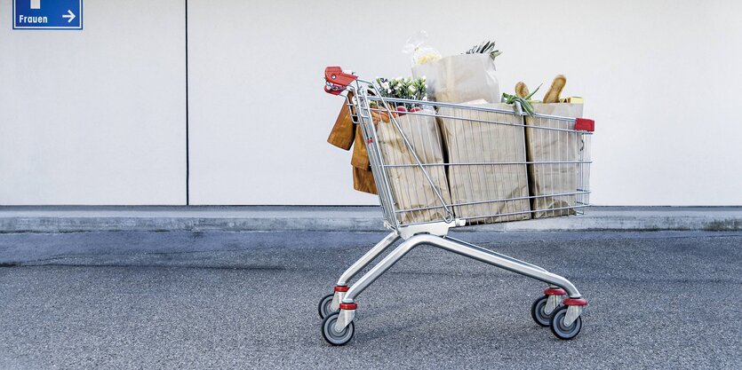 Voller Einkaufswagen auf Parkplatz