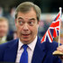 Nigel Farage, eine Mann in Anzug und Krawatte, zieht die Augenbrauen hoch und schwenkt eine kleine Flagge Großbritanniens