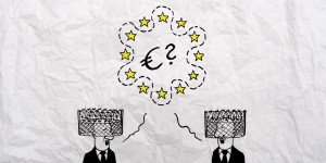 Comic: zwei Menschen mit Zäunen um den Köpfen haben eine Euro-Sprechblase über dem Kopf